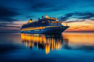 A stunningly beautiful cruise ship stands illuminated and resplendent against a tranquil twilight ocean, creating a captivating reflection of serenity and luxury within a truly peaceful setting photo