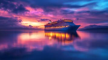 Immerse yourself in the serene beauty of a breathtaking twilight cruise, where exquisite luxury seamlessly meets tranquility while gliding over the calm and peaceful ocean waters during the evening photo