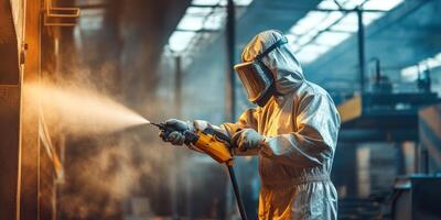 In a manufacturing facility, a highly skilled technician dressed in protective gear is meticulously applying bright industrial paint coatings using a spray gun, ensuring the quality of the finish photo
