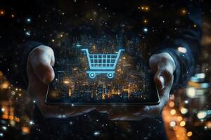 A cuttingedge futuristic shopping cart interface shown on a sleek tablet, representing the essence of ecommerce photo