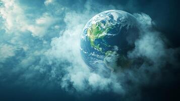 A stunning view of Earth, magnificently surrounded by fluffy clouds, capturing the beauty of our planet photo