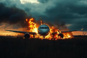 A commercial plane caught fire shortly after it made an emergency landing, resulting in significant chaos as extensive rescue efforts began amidst thick smoke, debris, and widespread destruction photo