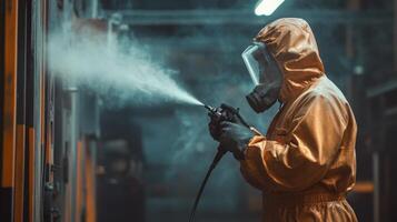 A technician in protective gear carefully spray paints machinery in a busy factory, emphasizing safety and precision in industrial coatings for durability and optimal functionality photo