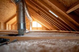 This image highlights a new HVAC vent in an attic, showcasing advanced ventilation and ducting designed for optimal airflow and comfort throughout the home, ensuring a balanced climate photo