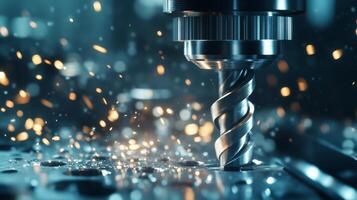 A detailed closeup view of a drill bit actively working, which beautifully showcases the incredible precision and advanced technology that are integral to modern metal manufacturing processes photo