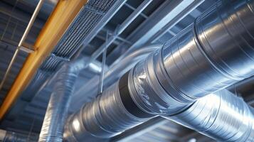 This image showcases an advanced HVAC system that features metallic ducts and pipes, which are critical components for ensuring optimal heating and cooling performance in various industrial settings photo