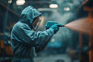 A skilled technician in protective gear sprays paint in an industrial setting, ensuring proper coating on machinery to enhance corrosion resistance and prolong durability for better performance photo