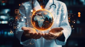 A modern doctor holds a holographic globe, symbolizing the integration of advanced technology and healthcare, highlighting global connections and the promising future of health innovations photo