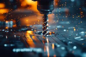 Closeup of a spinning drill bit cutting precision metal in an industrial machine workshop, showcasing advanced technology in manufacturing photo