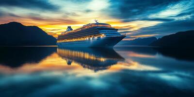 Experience the unmatched luxury of a twilight cruise as the ship sparkles and glows against a serene, tranquil ocean backdrop, making it the perfect setting for a peaceful vacation getaway photo