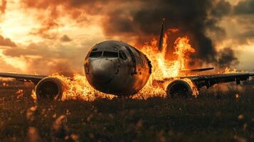 A chaotic scene unfolds as an airplane crashes, engulfed in flames and smoke, with debris scattered, highlighting emergency response efforts and the devastation from this tragic accident photo
