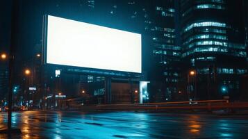 A blank billboard stands brightly illuminated amidst a vibrant urban nightscape, presenting an ideal canvas for advertisements in the thriving heart of a bustling city filled with life and energy photo