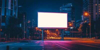 A large, blank billboard stands prominently in an urban nighttime setting, surrounded by colorful city lights and bustling motion, providing a perfect, open space for various advertisements to thrive photo