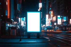In a vibrant city, a large blank billboard stands among bright LED screens, waiting for future ads to turn its empty space into a creative canvas that captures the attention of passersby photo
