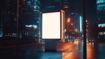 In a bustling city at night, there stands a vacant billboard amidst the backdrop of illuminated buildings and vibrant lights, providing a prime blank canvas for various advertisements and promotions photo