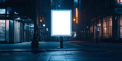 In a busy urban area, a blank billboard waits in a dim alley at night, surrounded by bright buildings, ready for marketing and advertising to create captivating visuals and messages photo
