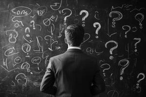 A man stands before a blackboard filled with question marks and scribbles, pondering his business plan and exploring the uncertainty of the future and the creativity in developing innovative ideas photo