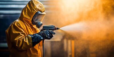 A skilled technician in protective gear applies bright orange coating with a spray gun on machinery, managing the process to ensure the final output meets safety and quality standards photo