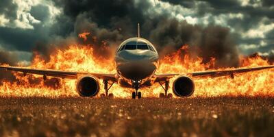 A horrifying airplane crash unfolds, engulfed in flames and thick smoke, depicting the chaotic aftermath of a disaster that urgently requires emergency services intervention and support photo