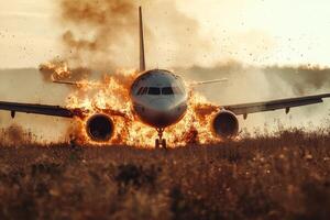 In a chaotic emergency landing, a large aircraft crashes in flames and thick smoke, endangering lives and requiring urgent rescue efforts for potential victims trapped in the wreckage photo