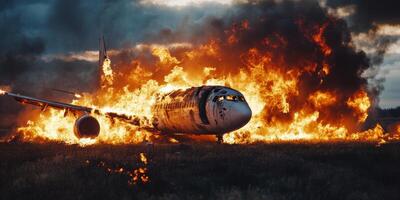 A dramatic scene of a plane crash unfolds as an aircraft is engulfed in flames, with thick smoke billowing into the sky, vividly illustrating the chaos of a major aviation disaster photo