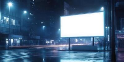 A blank billboard stands out in a vibrant, illuminated cityscape at night, surrounded by reflections and motion blur, providing a space for future advertisements to capture attention and inspire photo