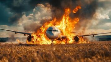 A highly dramatic scene of a large airplane engulfed in roaring flames and thick smoke on a vast open field, showcasing the utter chaos and destruction resulting from a catastrophic aviation accident photo