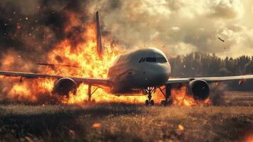 An aircraft is engulfed in flames after a crash, with thick smoke and debris in the air. Emergency services respond urgently to the chaos and destruction from this tragic aviation accident photo