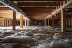 This piece reveals hidden aspects of a home, focusing on insulation, wooden beams, and plumbing in the crawl space, which are crucial for structural integrity and property maintenance photo