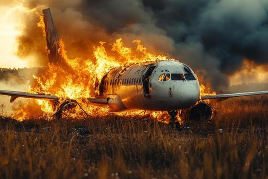 en un horroroso y dramático escena, un aeronave es completamente envuelto en intenso llamas después eso tenido a hacer un emergencia aterrizaje en un cerca campo, representando absoluto caos y extenso devastación foto