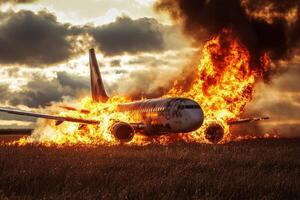 A large, burning airplane crashes into an empty field, engulfed in flames and smoke, illustrating the chaos and destruction of a devastating aviation accident that leaves the scene in disarray photo