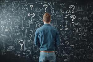 A man stands before a blackboard filled with notes and diagrams, deeply contemplating his business plan while strategizing his next steps and decisions that will impact his future photo