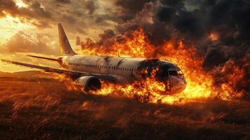 A dramatic portrayal of an airplane crash, showcasing chaos with fierce flames and thick smoke, illustrating the harrowing aftermath of this devastating aviation disaster leaving many in despair photo