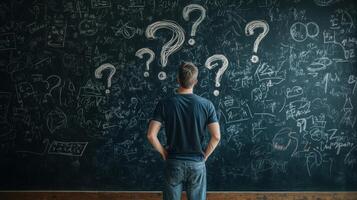 A man stands before a chaotic blackboard filled with question marks and scribbles, reflecting on a complex business plan that symbolizes the challenges of the entrepreneurial journey photo