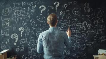 A man stands thoughtfully before a large chalkboard that is completely filled with an array of question marks and various scribbles, intensely brainstorming and strategizing for his business plan photo