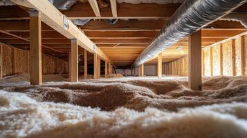 This image showcases the intricate plumbing and insulation work performed in a crawlspace, highlighting the importance of crucial yet often unseen infrastructure that significantly supports living photo