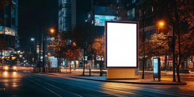 In a vibrant urban night scene, a blank billboard contrasts with colorful neon lights, igniting creativity and marketing opportunitiesits a perfect canvas waiting for transformation photo