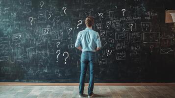 A thoughtful man stands before a blackboard of question marks and scribbles, symbolizing his search for clarity as he crafts a detailed business plan vital for his entrepreneurial efforts photo