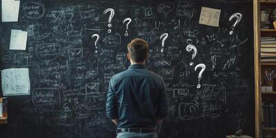 A man pauses to reflect deeply on his business strategy, standing in front of a large blackboard that is densely covered with challenging questions and intricate ideas waiting to be explored further photo