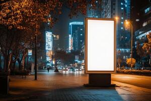 In a vibrant urban night scene filled with colorful lights, an unmarked billboard stands out, serving as a perfect canvas for eyecatching advertising and promotions to attract attention photo