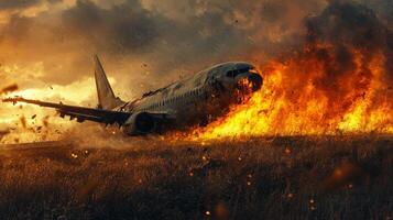 This powerful image vividly depicts a catastrophic airplane crash, showcasing intense flames, billowing smoke, and scattered debris in the midst of a chaotic emergency landing scenario photo