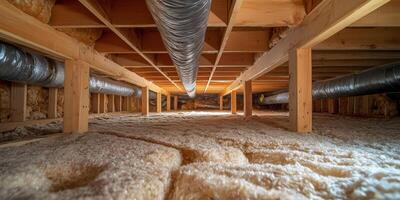 The photograph provides a comprehensive view of a crawl space that highlights the intricate arrangement of mechanical piping and insulation located within the structural confines of a home photo