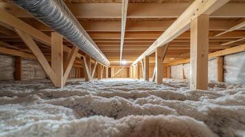 The image features an organized crawl space with efficient insulation, sturdy beams, and visible plumbing, highlighting its structural design and the need for ongoing maintenance to ensure longevity photo