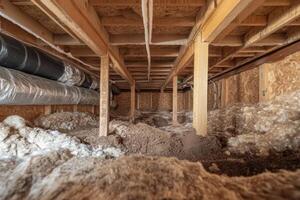 This image details a basements structural components like beams, insulation, and plumbing, showcasing the mechanisms in home design and the maintenance needed for a wellfunctioning space photo