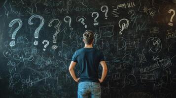 A man stands before a large blackboard, covered in an array of question marks and various scribbles, deeply reflecting on his business strategy, ideas, and potential innovations for the future photo
