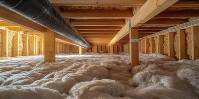 Dive into the fascinating and complex design of a crawl space that beautifully showcases insulation, sturdy wooden beams, and important plumbing features within a typical residential foundation photo