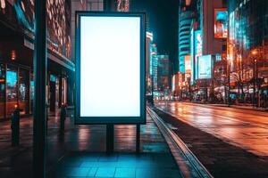 A blank billboard in a busy urban area at night, surrounded by bright lights and colorful reflections, creates an enchanting scene ideal for advertisements and promotional displays photo