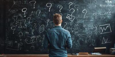 A man stands thoughtfully before a large chalkboard, which is filled with an array of question marks and intricate scribbles, as he carefully contemplates and analyzes his business strategy photo