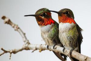 The couple ruby throated hummingbird standing on the roated isolated on white background photo