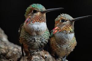 The hummingbird standing on the roated isolated on black background photo